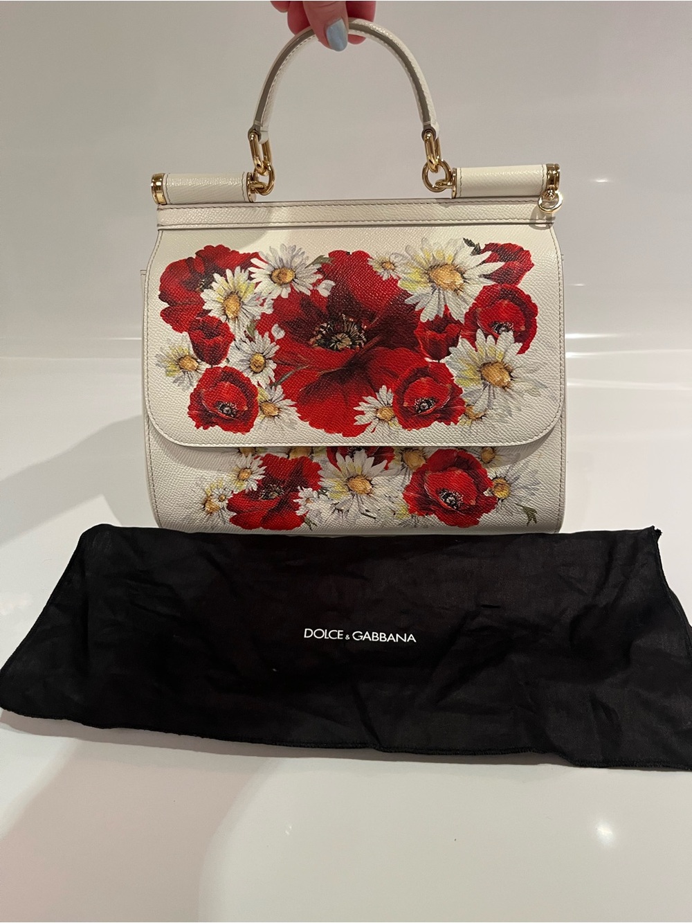Dolce & Gabbana White Leather Floral Top-Handle Satchel with Red Poppy Print